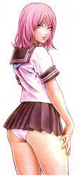 absurdres ass ass_focus back facing_back facing_viewer female female_focus flashing_panties fully_clothed green_eyes highres impossible_clothes looking_at_viewer looking_back makeup microskirt mini_skirt miniskirt original original_character panties pantyshot pink_hair plain_background pleated_skirt revealing_clothes sailor_collar school_uniform sera-chan serafuku short_sleeves simple_background skirt solo standing underwear white_background white_panties yamashita_shun'ya