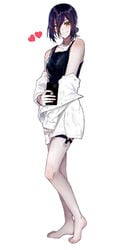1girls bare_shoulders barefoot black_hair chainsaw_man clothed clothed_female clothing egirl feet female female_focus female_only fully_clothed green_eyes legs looking_at_viewer medium_hair pale-skinned_female pale_skin reze_(chainsaw_man) selfie smile standing teenager undressing