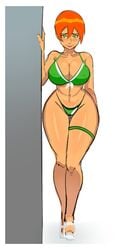 1girls ass_visible_through_thighs ben_10 bikini blush breasts cameltoe cleavage donchibi embarrassed female female_only future_gwen green_bikini green_eyes green_swimsuit gwen_tennyson hourglass_figure large_breasts looking_at_viewer navel nipples_visible_through_clothing red_hair short_hair shy shy_smile smile solo swimsuit thigh_gap wide_hips