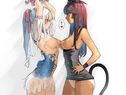 2girls armpits arms_up bangs bare_shoulders blue_hair blush bondage bound_wrists breasts breasts_out brown_hair cat_tail choker clothes dark_skin dress eye_contact eyebrows_visible_through_hair female hair_ornament hair_ribbon hand_on_hip heart highres in_profile japanese_text jewelry large_breasts long_hair looking_at_another medium_breasts monster_girl multicolored_hair multiple_girls nail_polish necklace nipples original pink_ribbon ponytail ribbon shiratama_(monster1553) speech_bubble tail tama_(monster1553) tanned tentacle third-party_edit torn_clothes two_tone_hair white_hair yuri