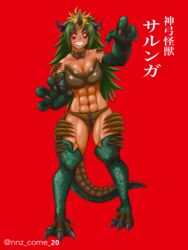 1girls 2021 abs big_breasts bones_(studio) breasts claws cleavage gabara gijinka godzilla_(series) godzilla_singular_point green_hair horn kaiju kaiju_girl monster_girl nnz orange_(studio) red_background salunga solo solo_female tagme tail toho