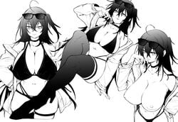 1girls azur_lane bangs bare_shoulders bikini bikini_top_removed black_bikini black_choker black_hair black_legwear breasts choker cleavage collarbone crossed_bangs eyewear_on_head greyscale hand_on_own_chin high_heels highleg highleg_bikini highres huge_breasts licking_lips monochrome multi-strapped_bikini multiple_straps navel nipples off_shoulder one_side_up race_queen shingo. sunglasses swimsuit taihou_(azur_lane) taihou_(enraptured_companion)_(azur_lane) thigh_strap thighhighs thighs tongue tongue_out