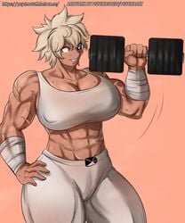 1girls abs bandaged_arm big_breasts blonde_hair bodily_fluids dark-skinned_female dark_skin debonair_diamond dumbbell eyepatch gym hand_on_hip hips huge_ass huge_breasts muscular muscular_female nipple_bulge psychostuff red_eyes scars short_hair sweat the_hunters_guild:_red_hood thick_thighs veiny_muscles wide_hips workout workout_clothes