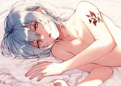 1boy adult after_sex androgynous blue_eyes femboy laying_down laying_on_bed mahoyaku naked nero_turner nude promise_of_wizard shirtless tattoo tobidayooon yellow_eyes