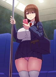 1girls abubu big_breasts brown_eyes brown_hair bus_interior camel_toe cameltoe legwear original original_character panties school_uniform smartphone tagme thick_thighs thighhighs