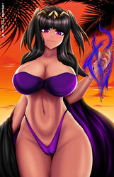 1girls alternate_costume bangs bikini black_hair breasts cape cleavage collarbone curvy fire_emblem fire_emblem_awakening goth huge_breasts long_hair looking_at_viewer magic nintendo palm_tree partially_visible_vulva purple_bikini purple_eyes purple_swimsuit rikatsuky smile solo sunset swimsuit tharja_(fire_emblem) thick_thighs tree voluptuous