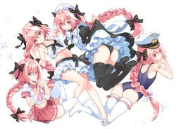 1boy 2018 :d apron ass astolfo_(fate) bandaid bandaid_on_arm bare_arms bare_legs bare_shoulders bikini bikini_skirt black_clothing black_panties blue_swimsuit bow bowtie braid bulge clothed clothing crop_top crossed_ankles dress dress_lift eyebrows_visible_through_hair fangs fate/apocrypha fate/grand_order fate_(series) feet femboy floral_background frilled_bikini frilled_skirt frills full_body fully_clothed hair_between_eyes hair_ribbon hands_together hat highres interlocked_fingers leaning_back lifted_by_self loafers long_hair long_ponytail looking_at_viewer looking_back lying maid maid_apron maid_headdress maid_uniform male male_only midriff multiple_views on_back on_stomach one-piece_swimsuit open_mouth panties pantyshot peaked_cap petticoat pink_hair pleated_skirt ponytail puffy_sleeves purple_eyes ribbon sandals school_uniform serafuku shiosoda shoes simple_background single_braid skindentation skirt smile solo swimsuit thighhighs thighs toes tongue trap underwear uniform very_long_hair white_background white_bikini white_clothing zettai_ryouiki