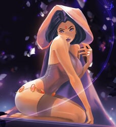 dc dc_comics forehead_jewel goth hood kneeling large_breasts leotard long_hair looking_at_viewer purple_eyes purple_hair rachel_roth raven_(dc) shoes straight_hair tattiart teen_titans voluptuous