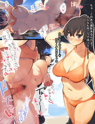 1boy absurdres arm_behind_head beach bikini bikini_lift black_pubic_hair blue_sky blush bottomless breasts brown_eyes brown_hair censored character_request clothes_lift cloud commentary_request day female female_pubic_hair girls_und_panzer highres large_breasts long_hair looking_at_viewer mosaic_censoring navel nipple_tweak nipples ocean orange_bikini outdoors penis ponytail pubic_hair pussy sex sky sweat swimsuit toku_(yhpv8752) translation_request vaginal_penetration