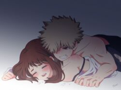 1boy 1boy1girl 1girls bite bite_mark bra_strap clenched_teeth female fingers_interlocked heavy_breathing holding_hands implied_sex interlocked_fingers katsuki_bakugou male male/female my_hero_academia ochako_uraraka on_stomach open_mouth passionate red_eyes spiky_hair straight sweaty