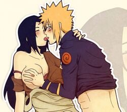 big_breasts black_hair blonde_hair blue_eyes blush breast_grab breast_squeeze breasts clothed clothing erection female imminent_sex indrockz indy_riquez kissing lifting long_hair male namikaze_minato naruto naruto_(series) naruto_shippuden nipples panties standing straight tongue tongue_out uchiha_mikoto