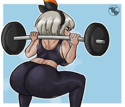 1girls alternate_breast_size ass bea_(pokemon) big_ass big_breasts big_butt breasts female grey_hair hair_ribbon large_breasts muscular_female nintendo pokemon pokemon_ss short_hair solo sweat thick_ass thick_thighs thighs tight_clothing tiptupart