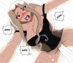 1boy 1girls alysianarts areolae blush breasts female female_focus large_breasts lingerie long_hair male moaning motion_lines nipple_slip nipples open_mouth original original_character plain_background sex solo_focus speech_bubble straight text white_background white_hair