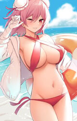 beach big_breasts bikini blush borushichi breasts kasen_ibaraki midriff navel oni pink_hair red_eyes revealing_clothes swimsuit thick_thighs thighs touhou wink