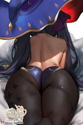 absurd_res ass ass_focus back_view backless_outfit bed_sheet black_legwear bubble_butt from_behind genshin_impact hi_res hu_dako leggings leotard lying mona_(genshin_impact) on_stomach pantyhose prone the_pose thick_thighs thighs twintails watermark witch_hat