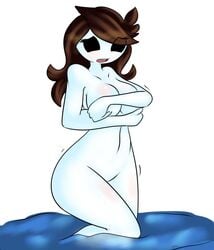 1girls 2017 big_breasts brown_hair covering_breasts jaiden jaiden_animations looking_at_another neronova nude shy skinny_dipping thick_thighs water white_background youtube