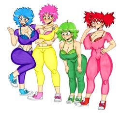 4girls big_breasts blue_hair blue_raspberry_(northernjeremiah) fruit_punch_(northernjeremiah) green_apple_(northernjeremiah) green_hair juice_girls multiple_girls northernjeremiah pink_hair pink_lemonade_(northernjeremiah) red_hair whale_tail