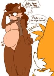 8k absurd_res anthro big_belly breasts brown_fur brown_hair brown_nipples chipmunk comic comic_page fakeryway fox fox_ears fox_tail hand_on_head highres messy_hair pleasure_castle pregnant pregnant_belly sally_acorn sonic_(series) sonic_the_hedgehog_(archie) speech_bubble squirrel stressed tail tails text upscaled worried yellow_fur