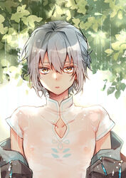 1boy adult androgynous blue_hair femboy mahoyaku nero_turner nipples nipples_visible_through_clothing promise_of_wizard raining see-through see-through_clothing tight_clothing tobidayooon wet_clothes yellow_eyes