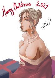 1girls 2021 big_breasts blue_eyes breasts christmas digital_painting_(artwork) female female_only happy_new_year large_breasts mature_content milf mrs._claus nipples nude nude_female oppai pearl_necklace pointy_ears salsdraws silver_hair solo undressing