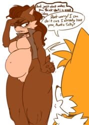 1boy 1girls 8k absurd_res angry anthro big_belly breasts brown_fur brown_hair brown_nipples chipmunk comic comic_page fakeryway female fox fox_ears fox_tail hand_on_head highres male messy_hair milf older_female pleasure_castle pregnant pregnant_belly pregnant_female sally_acorn sonic_(series) sonic_the_hedgehog_(archie) speech_bubble squirrel stressed tail tails text upscaled yellow_fur younger_male