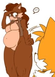 8k absurd_res aroused big_belly breasts brown_fur brown_hair brown_nipples chipmunk comic comic_page fakeryway fox fox_ears fox_tail hand_on_head highres messy_hair miles_tails_prower pleasure_castle pregnant pregnant_belly pussy_juice sally_acorn sonic_(series) sonic_the_hedgehog_(archie) speech_bubble squirrel stressed tail text upscaled wet yellow_fur