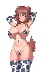 1girls animal_ears arms_behind_head big_breasts bikini blush breasts brown_eyes cow_bikini cow_print cowbell dog_ears dog_girl dog_tail eye_contact female gloves hololive hololive_gamers hololive_japan inugami_korone kemonomimi large_breasts looking_back makinakid micro slim_waist thick_thighs thighhighs thighs virtual_youtuber white_background