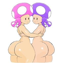 2girls ass big_ass dat_ass looking_at_viewer mario_(series) multiple_girls nude nude_female pink_hair purple_hair toadette white_background zigzaglewds