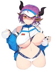 1girls animal_ears arknights big_breasts blush breasts ce-_-3 censored exposed_breasts hat horns lactation looking_at_viewer partially_clothed pepper0 purple_hair short_hair sideroca_(arknights) simple_background smile sweat wink yellow_eyes