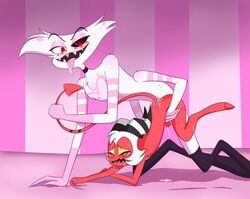 anal angel_dust_(hazbin_hotel) artist_request big_dom_small_sub cum cum_in_ass cum_inside cum_while_penetrated demon dubious_consent gay hazbin_hotel helluva_boss imp male_only male_penetrating moxxie_(helluva_boss) not_original spade_tail tail tail_grab