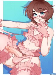 1boy balls_in_panties brown_hair bulge clothed clothing crossdressing diders erection femboy glasses gloves human male male_only original_character panties partially_clothed penis penis_out pubic_hair short_hair sitting solo taylor_(diders) thick_thighs trap ziffir