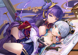 2girls 463_jun absurd_res blue_eyes breastplate breasts cleavage clothing detailed_background female female_only genshin_impact girl_on_top hi_res japanese_clothes kamisato_ayaka kimono looking_at_viewer lying mole mole_under_eye on_back on_bed purple_eyes purple_hair raiden_shogun smile white_hair yuri