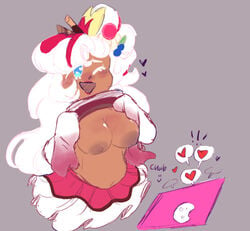 artist_request blush blush_lines blushing breasts breasts_out chubby clothing color cookie cookie_run cookie_run_kingdom dress hair hair_ribbon happy happy_female heart hearts hi_res idol laptop livestream long_hair long_sleeves open_mouth parfait_cookie shirt shirt_lift shirt_pull shirt_up showing_breasts simple_background singer sketch skirt smiling streaming text text_bubble very_long_hair white_hair wink winking