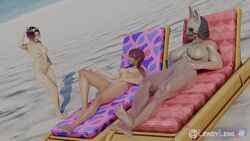 3d 3girls artist_name ass beach big_breasts breasts dbd dead_by_daylight female female_only huntress_(dead_by_daylight) large_ass lewdylens looking_at_another multiple_girls naked naked_female nude nude_female pink_hair sand small_breasts susie_(dead_by_daylight) tagme yui_kimura