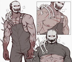 1boy abs bara big_muscles clothed clothing dead_by_daylight faceless_male long_sleeves looking_at_viewer male male_focus male_only mask muscle muscles muscular muscular_male nipples noahasai scar scars sharp_teeth solo solo_focus solo_male spikes teeth the_trapper tight_clothing wardrobe_malfunction white_background