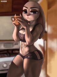 2020 abs anthro anthro_only aozee artist_name athletic athletic_female black_pupils bra breasts cleavage clothing cofee digital_media_(artwork) disney ears_down female female_only fully_clothed furry furry_female furry_only grey_body inside judy_hopps kitchen lagomorph lagomorph_humanoid looking_at_viewer mammal mammal_humanoid medium_breasts navel no_humans purple_eyes purple_iris rabbit rabbit_humanoid red_nose shorts solo solo_female sports_bra sportswear standing stove tagme white_body white_sclera zootopia