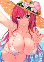 1girls 2020 absurdres aqua_eyes armpits azur_lane bikini blush breasts chanel cleavage closed_mouth collarbone commentary eyebrows_visible_through_hair female female female_focus female_only flower hat hat_flower highres huge_breasts long_hair looking_at_viewer mouth_hold red_hair selfie smile solo solo_female solo_focus straw_hat surcouf_(azur_lane) surcouf_(loisirs_balneaires)_(azur_lane) swimsuit u_ronnta water white_bikini