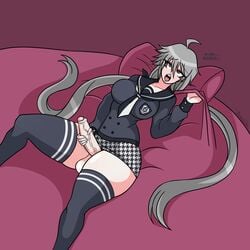 1boy 2021 ahoge balls bed bed_sheet bermuda_art bisexual_male canon_crossdressing colored danganronpa danganronpa_rebirth erection fair_skin fake_breasts fanganronpa femboy fujimori_ayumu magenta_eyes male_only masturbation open_mouth pale_skin penis pillow sailor_uniform school_uniform silver_hair smooth_skin solo stroking_penis tagme thigh_high_socks tie trap twintails