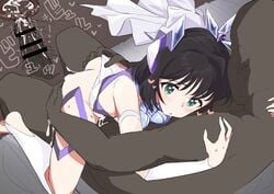 1boy 1girls ass ass_grab black_hair blush bridal_veil censored clothed_sex clothing clothing_aside cross_section cum cum_in_pussy cum_in_uterus cum_inside dark-skinned_male dark_skin elbow_gloves female female_on_top gloves green_eyes heart heart-shaped_pupils hug impregnation internal_cumshot kohinata_miku male on_bed open_mouth panties panties_aside penetration penis senki_zesshou_symphogear sex short_hair spread_legs straddling straight symbol-shaped_pupils upright_straddle uterus vaginal_penetration veil white_panties x-drive_(symphogear) yokosimap