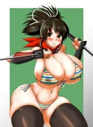 asuka_(senran_kagura) bikini blush brown_eyes brown_hair covered_nipples hair_ribbon huge_breasts marvelous navel nipples nipples_visible_through_clothing scarf senran_kagura side-tie_bikini stockings striped_bikini sword swords thick_ass thick_thighs wakizashi weapon