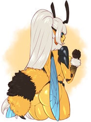 antennae ass athletic_female bee bee_girl blue_sclera dawnofthebluemoon insect insect_abdomen insect_girl kingofundrock pointy_ears ponytail stink white_hair wings yellow_skin