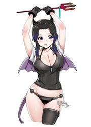 alternate_costume arms_up black_gloves black_hair black_panties bustier cleavage corset costume cowboy_shot demon_slayer demon_wings devil_horns devil_tail female female_only gloves horns kimetsu_no_yaiba kochou_shinobu looking_away one_thighhigh panties purple_eyes relaxjon smile solo two_tone_hair wide_hips zettai_ryouiki