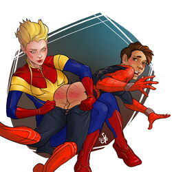 artist_request ass_visible_through_torn_clothes captain_marvel carol_danvers female femdom hetero imminent_penetration lust marvel marvel_cinematic_universe milf older_woman_and_younger_boy peter_parker spanking spider-man straight straight_hair teenager testicles