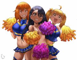 3girls big_breasts black_hair blonde_hair breasts cheerleader clothed clothed_female clothed_female_nude_female clothing covering covering_breasts covering_crotch covering_nipples cum_in_pussy_(nagatoro) curvy female_focus female_only gamo-chan hair_ornament hairclip hayase_nagatoro hi_res high_resolution holding holding_pom_poms long_hair looking_at_viewer medium_hair miniskirt navel nipples nude nude_female open_mouth orange_eyes orange_hair please_don't_bully_me,_nagatoro pom_pom_(cheerleading) pom_poms revealing_clothes signature simple_background skirt small_breasts smile t3x tanline tanned watermark white_background wide_hips yoshi_(nagatoro)