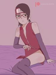 1girls agedon black_eyes black_hair boruto:_naruto_next_generations clothing embarrassed female forehead_protector glasses legs naruto naruto_(series) sarada_uchiha seductive small_breasts solo teenager young