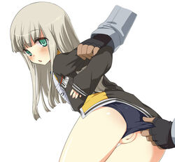 2others ass bangs black_gloves black_jacket black_panties blunt_bangs blush cleft_of_venus closers clothes_writing clothing_aside commentary_request cowboy_shot eyebrows_visible_through_hair female fingerless_gloves flat_chest genderswap_(mtf) gloves green_eyes hime_cut jacket light_brown_hair long_hair long_sleeves looking_at_viewer mistilteinn_(closers) multiple_others navel open_mouth panties panties_aside pussy rule_63 shirt sidelocks simple_background sleeves_past_wrists solo_focus t-shirt uncensored underwear wazawogi_(wzog) white_background white_shirt