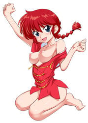 1girls arms_up bangs blue_eyes bottomless braid braided_ponytail breasts chinese_clothes clothes_pull clothing female female_only full_body funnyari genderswap_(mtf) long_hair looking_at_viewer medium_breasts open_clothes open_mouth open_shirt ranma-chan ranma_1/2 ranma_saotome red_hair red_shirt rule_63 seiza shirt shirt_pull simple_background single_braid sitting smile solo tangzhuang white_background