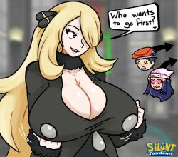 1boy 2girls alternate_breast_size big_breasts black_dress blonde_hair blonde_hair_over_one_eye blush breasts cynthia_(pokemon) dialogue encouragement game_freak hair_over_one_eye heart_eyes huge_breasts jiggling_breasts large_breasts long_blonde_hair long_hair nintendo nosebleed outdoors pokemon silenttandem speech_bubble text