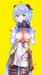 absurdres ahoge artist_name bangs bare_shoulders bbk_(bbkbebek7) bell black_gloves blue_hair breast_squeeze breasts cleavage detached_sleeves eyebrows_visible_through_hair fingers_together ganyu_(genshin_impact) genshin_impact gloves gold_trim highres horns long_hair looking_at_viewer medium_breasts multicolored multicolored_eyes neck_bell nipples own_hands_together steepled_fingers vision_(genshin_impact) white_sleeves yellow_background