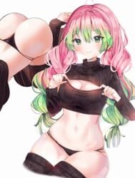 alternate_costume anny_(artist) ass big_ass black_clothing black_eyes black_panties blush boob_window braided_hair bubble_butt cleavage_cutout crop_top demon_slayer female female_only green_eyes kanroji_mitsuri keyhole_turtleneck kimetsu_no_yaiba long_hair panties pink_hair smile solo sweater thick_thighs thighhighs thong two_tone_hair wide_hips